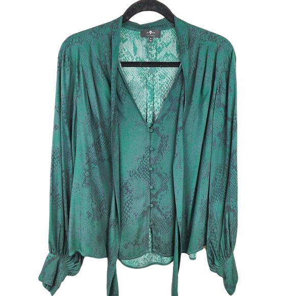 7 For All Mankind Women's Size M Snake Print Tie Neck Long Sleeves Green Blouse - Picture 1 of 8
